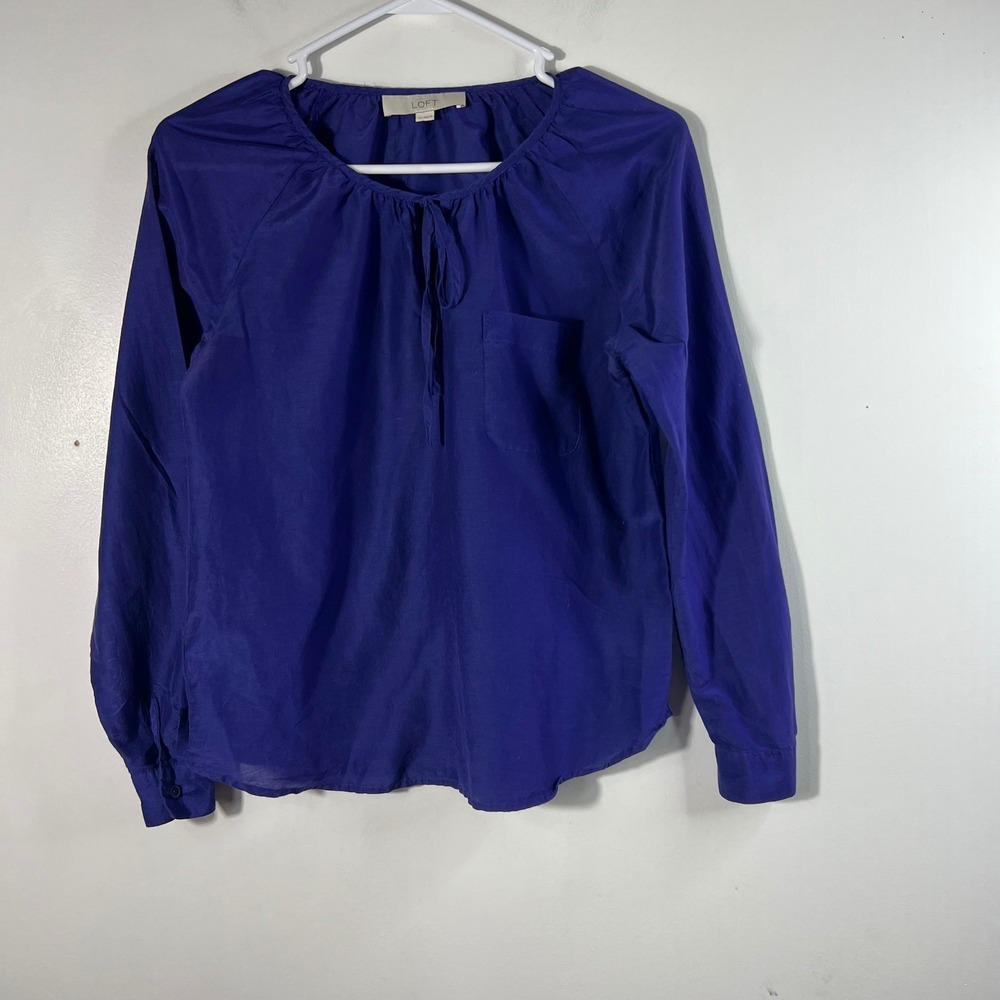 LOFT Womens XS Royal‎ Blue Tie Neck Long Sleeve Blouse XS Cotton Silk